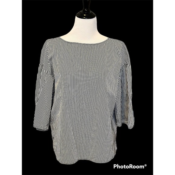 Lafayette 148 New York Black White Striped Semi Sheer Tunic Sweater Size M L